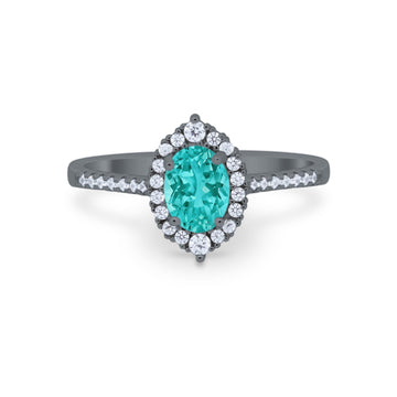 Oval Wedding Ring Halo Vintage Black Tone, Simulated Paraiba Tourmaline CZ 925 Sterling Silver
